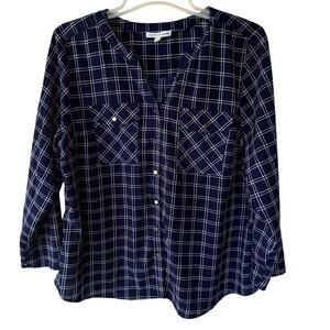 Notations XL Blue Check & white blouse roll tab front pocket blouse